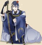  black_gloves blue_eyes blue_hair coma_(macaron) gameplay_mechanics gloves highres japanese_clothes katana male_focus mikazuki_munechika open_mouth sayagata sitting smile solo sword touken_ranbu weapon 