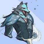  anthro belt_buckle big_lincoln_(character) blue_fur canine clothing fur glowing glowing_eyes humanoid jacket leather leather_jacket lisa_the_joyful_(copyright) male mammal painsaw_(artist) red_eyes simple_background teeth tongue video_games wolf 