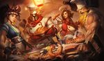  2boys 2girls akali apron baker bread brown_hair cleavage cook cooking food fruit hat kitchen league_of_legends leona_(league_of_legends) long_hair multiple_boys multiple_girls olaf pantheon sausage tahm_kench wine 