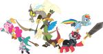  2016 archer armor arrow big_macintosh_(mlp) blue_feathers blue_fur boots bow_(weapon) clothed clothing crossover discord_(mlp) draconequus dragon dungeons_and_discords ear_piercing earth_pony equine fangs feathered_wings feathers female feral footwear friendship_is_magic fur green_eyes group hair hat hi_res holding_object holding_weapon hood horn horse jeatz-axl_(artist) jumping knight magic_user male mammal mask melee_weapon multicolored_hair multicolored_tail my_little_pony open_mouth pegasus piercing pink_hair pinkie_pie_(mlp) pony quiver rainbow_dash_(mlp) rainbow_hair rainbow_tail ranged_weapon red_eyes rogue scalie simple_background smile spike_(mlp) staff sword teeth thief unicorn weapon wings 