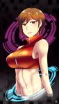  bare_shoulders brown_eyes brown_hair caffein crop_top high_collar meiko midriff navel short_hair sleeveless solo vocaloid 