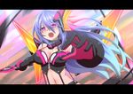  angry blue_hair breasts cleavage crying glowing iris_heart kami_jigen_game_neptune_v large_breasts letterboxed long_hair looking_at_viewer mizunashi_(second_run) navel neptune_(series) open_mouth red_eyes sword symbol-shaped_pupils very_long_hair weapon wings 