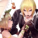  1girl bare_shoulders black_choker blonde_hair blue_eyes blush brother_and_sister choker coat commentary_request dress edna_(tales) eizen_(tales) feeding food gloves hair_ribbon hairband highres mappaninatta normin_(tales) open_mouth ribbon shaved_ice short_hair siblings side_ponytail simple_background spoon tales_of_(series) tales_of_berseria tales_of_zestiria umbrella white_background white_dress 