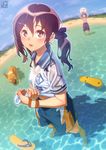  1girl :d afloat aoi_sora_(pairan) arms_up ball bare_legs barefoot beach beachball black_hair blue_ribbon blue_shorts blue_sky brown_eyes caustics collared_shirt day dog dutch_angle gym_uniform hair_ornament hair_ribbon hairclip highres holding holding_ball low_twintails male_swimwear ocean open_mouth original outdoors pairan purple_hair ribbon sandals_removed see-through shirt short_hair short_sleeves shorts sky smile solo_focus standing summer sweatband swim_trunks swimwear topless twintails wading water water_drop wet wet_clothes wet_hair wet_shirt white_shirt wing_collar 