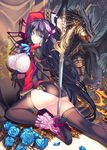  1girl ass black_hair black_legwear blue_eyes breasts burgund_haneiyuutan cheninblanc_(burgund_haneiyuutan) coffee_cat dragon holding holding_weapon large_breasts long_hair looking_at_viewer looking_back ribbon shorts sophie_(burgund_haneiyuutan) sword thighhighs weapon 