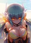  absurdres aqua_hair beach bikini bow breast_hold breasts cleavage collarbone fate/grand_order fate_(series) glowing glowing_eyes hair_between_eyes hair_bow highres horns japanese_clothes kengzeta kimono kiyohime_(fate/grand_order) kiyohime_(swimsuit_lancer)_(fate) large_breasts low_twintails naughty_face obi outdoors sash shaded_face sideboob smile solo swimsuit twintails upper_body water yellow_eyes 