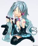  adjusting_hair bad_id bad_pixiv_id bare_shoulders black_footwear blue_hair blue_neckwear blue_skirt boots closed_eyes detached_sleeves facing_viewer full_body grey_shirt hair_ribbon hatsune_miku headphones headset highres holding holding_hair long_hair necktie pleated_skirt ribbon saida_3tsuya shirt shoulder_tattoo silver_background sitting skirt smile solo tattoo thigh_boots thighhighs twitter_username very_long_hair vocaloid wariza wide_sleeves 