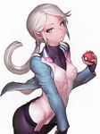  blanche_(pokemon) blue_eyes breasts covered_nipples fingerless_gloves fumio_(rsqkr) gloves gym_leader holding holding_poke_ball jacket long_hair looking_at_viewer poke_ball poke_ball_(generic) pokemon pokemon_go ponytail silver_hair simple_background small_breasts solo thighs white_background 