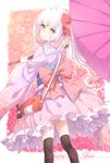  black_legwear dress eyebrows eyebrows_visible_through_hair frilled_dress frills happy_new_year highres holding holding_umbrella long_hair new_year oriental_umbrella original pink_dress sash silver_hair solo thighhighs transistor umbrella yellow_eyes zettai_ryouiki 