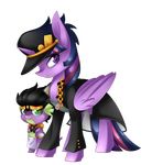  2016 alpha_channel chain clothed clothing costume crossover dragon duo equine feathered_wings feathers female feral friendship_is_magic fur hair hat horn jojo&#039;s_bizarre_adventure looking_at_viewer mammal multicolored_hair my_little_pony purple_eyes purple_feathers purple_fur scalie scarlet-spectrum simple_background spike_(mlp) transparent_background twilight_sparkle_(mlp) winged_unicorn wings 