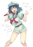  :d anchor_symbol aqua_eyes belt black_hair blush clenched_hand commentary_request cowboy_shot eighth_note hair_between_eyes hat microphone murasa_minamitsu music musical_note neckerchief open_mouth red_neckwear sailor sailor_hat shirt short_sleeves shorts singing sketch smile solo terrajin touhou translation_request white_background white_shirt white_shorts 