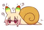  1girl @_@ antennae bangs blonde_hair blush commentary_request eyebrows_visible_through_hair full_body hair_between_eyes highres kemomimi-chan_(naga_u) looking_at_viewer naga_u original red_eyes shaded_face shadow sidelocks snail snail_shell solo white_background 