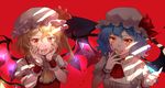  ascot bat_wings blonde_hair blood blood_on_face bloody_hands blue_hair crystal ekita_xuan fangs flandre_scarlet glowing glowing_eyes grin hands_on_own_face hat hat_ribbon highres looking_at_viewer mob_cap multiple_girls nail_polish open_mouth puffy_sleeves red_background red_eyes remilia_scarlet ribbon short_hair short_sleeves siblings side_ponytail simple_background sisters smile touhou upper_body wings wrist_cuffs 
