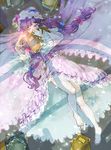  barefoot book book_stack corset crescent dress dutch_angle full_body hair_ribbon hat long_hair long_sleeves looking_to_the_side lying mob_cap open_book patchouli_knowledge purple_eyes purple_hair r18ankou ribbon solo touhou tress_ribbon wide_sleeves 