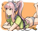  ass beamed_eighth_notes breasts brown_eyes earbuds earphones eighth_note fate/grand_order fate_(series) grey_panties long_hair lying medb_(fate)_(all) medb_(fate/grand_order) medium_breasts musical_note on_stomach panties pink_hair ponytail shimo_(s_kaminaka) solo underwear 
