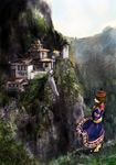  architecture asian braid brown_hair building canyon cliff east_asian_architecture highres kanrobi long_hair original sandals scenery solo stairs stone_stairs tree water waterfall 