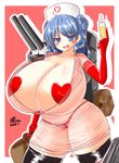  1girl ayazumi_flutter bikini black_legwear blue_eyes blue_hair blush breasts cannon cap cleavage curvy dress elbow_gloves erect_nipples female gigantic_breasts gloves injection kantai_collection long_hair looking_at_viewer nurse nurse_cap open_mouth pasties plump red red_bikini red_gloves red_swimsuit revealing_clothes see-through shiny_skin simple_background smile solo standing string_bikini swimsuit thick_thighs thighhighs urakaze_(kantai_collection) weapon wide_hips 
