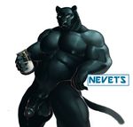  2016 anthro balls biceps big_balls big_muscles big_penis black_fur black_nipples black_nose black_penis claws cum dripping feline fur glass green_eyes humanoid_penis looking_at_viewer male mammal musclegut muscular muscular_male navel nevets nipples nude panther pecs penis precum simple_background solo standing vein veiny_penis 