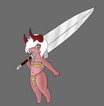  clothing demon fangs female frostedscales grey_background hair horn invalid_tag loincloth loli loli_demon melee_weapon pink_scales scales simple_background size_difference smaller_female sword teeth weapon white_hair wide_hips young 