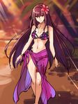  bikini bracelet breasts cleavage fate/grand_order fate_(series) flower hair_flower hair_ornament hibiscus highres jewelry long_hair looking_at_viewer medium_breasts navel purple_bikini purple_hair red_eyes scathach_(fate)_(all) scathach_(swimsuit_assassin)_(fate) shimo_(s_kaminaka) smile solo swimsuit thigh_strap very_long_hair 