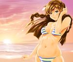  bikini braid brown_hair idolmaster idolmaster_million_live! kousaka_umi long_hair navel parted_lips shu-z solo standing striped striped_bikini sunset swimsuit twin_braids 