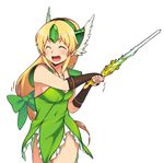  1girl :d ^_^ baker_at_bat blonde_hair blush bow breasts closed_eyes covered_navel hair_bow long_hair low-tied_long_hair medium_breasts new_horizon open_mouth parody riesz seiken_densetsu seiken_densetsu_3 simple_background smile solo style_parody very_long_hair weapon white_background 