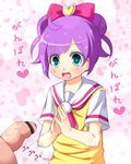  1boy 1girl :d aqua_eyes blush bow censored hair_bow hands_together heart_background manaka_lala open_mouth penis pripara purple_hair red_bow solo_focus text 