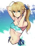  adjusting_hair artoria_pendragon_(all) blonde_hair blue_background blue_eyes breasts cleavage fate/grand_order fate_(series) highres long_hair looking_at_viewer medium_breasts navel ponytail saber shimo_(s_kaminaka) solo swimsuit 