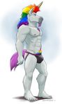  2016 5_toes abs anthro athletic beard biceps blue_eyes body_hair bulge chest_hair clothed clothing colored_nails equine facial_hair fur gay_pride grey_nipples hair hi_res horn humanoid_feet jockstrap male mammal multicolored_hair navel nipples pecs pink_tail plantigrade pubes rainbow rainbow_hair sampsonwoof side_view signature simple_background solo story story_in_description toes underwear unicorn white_background white_fur 