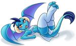  2016 ambris anthro armpits blue_scales blush clothed clothing dragon fangs female friendship_is_magic horn legs_up legwear looking_at_viewer lying membranous_wings my_little_pony open_mouth princess_ember_(mlp) scales scalie simple_background socks solo toeless_socks tongue tongue_out white_background wings 