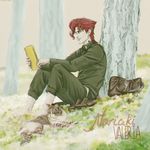  bag barefoot book cat character_name earrings gakuran grass highres jewelry jojo_no_kimyou_na_bouken kakyouin_noriaki male_focus pants pants_rolled_up rainie red_hair school_uniform shoes_removed sitting solo tree 