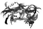  absurdly_long_hair animal_ears breasts cleavage cleaver commentary_request cow_ears danua doll draph dress fingerless_gloves floating_hair fur-trimmed_gloves fur_trim gloves gown granblue_fantasy gretel_(granblue_fantasy) greyscale hansel_(granblue_fantasy) kanechi kneeling large_breasts long_hair looking_at_viewer monochrome outstretched_arm simple_background sketch spaghetti_strap stuffing very_long_hair white_background 