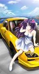  1girl adjusting_hair artist_request blush breasts car clannad cloud collarbone dress hair_bobbles highres ichinose_kotomi light_smile long_hair looking_at_viewer necklace ocean pose purple_eyes purple_hair road shoes sitting sky solo twintails white_dress 