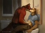  anthro bathroom black_nose brown_fur canine clothed clothing clothing_lift detailed_background digital_media_(artwork) digital_painting_(artwork) duo eyes_closed fur hand_under_shirt inside intimate male mammal mirror multicolored_fur mustelid open_mouth otter pants red_fur reflection shirt shirt_lift signature sink sitting standing strange-fox tan_fur toilet toilet_paper topless two_tone_fur wolf 