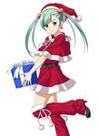  belt blue_eyes box capelet earrings eyebrows eyebrows_visible_through_hair gift gift_box green_hair hair_bobbles hair_ornament hat ikkitousen jewelry leg_up long_hair looking_at_viewer magatama magatama_earrings red_capelet red_hat red_legwear santa_costume santa_hat shokatsuryou_koumei simple_background smile solo twintails white_background 