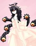  &gt;:) alternate_costume artist_request bare_shoulders black_hair bow bridal_veil cyclops dress elbow_gloves extra_eyes from_side gazer_(monster_girl_encyclopedia) gloves long_hair looking_at_viewer monster_girl monster_girl_encyclopedia one-eyed pink_bow red_eyes simple_background smile solo source_request tentacles v-shaped_eyebrows veil wedding_dress white_dress white_gloves white_skin yellow_sclera 