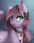  bow collar english_text equine eyebrows eyelashes fan_character feathered_wings feathers female feral fur green_eyes hair inner_ear_fluff jewelry mammal my_little_pony necklace pegasus pink_fur red_hair silentwulv smile snow snowing solo text wings 