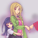  bangs blonde_hair blue_hair brown_eyes child furude_rika hanyuu higurashi_no_naku_koro_ni hug long_hair looking_at_another lowres multiple_girls purple_eyes school_uniform takano_miyo 