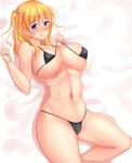  :q bikini bikini_pull black_bikini blonde_hair blue_eyes blush breasts cameltoe cleavage commentary_request covered_nipples hair_ornament juno_(sennen_sensou_aigis) large_breasts long_hair looking_at_viewer lying micro_bikini navel noeomi nose_blush on_back plump pulled_by_self sennen_sensou_aigis side_ponytail smile solo stomach swimsuit tongue tongue_out 