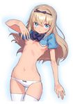  arm_up bad_id bad_pixiv_id black_bow black_hairband blonde_hair blue_eyes blush bow bow_panties breasts cowboy_shot crop_top dress floating_hair hair_between_eyes hair_bow hairband headband long_hair looking_at_viewer original panties shindou_kamichi short_sleeves simple_background small_breasts solo standing stomach thighhighs underboob underwear white_background white_legwear white_panties 