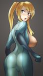  1girl ass blonde_hair blue_eyes bodysuit breasts clenched_hand corn_syrup edit erect_nipples eyebrows_visible_through_hair from_behind grey_background highres large_breasts long_hair long_image looking_back metroid nintendo nipple open_mouth ponytail samus_aran side_boob simple_background skin_tight solo tall_image zero_suit 
