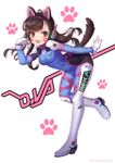  acronym animal_ears animal_print artist_name bangs blush bodysuit boots bracer breasts brown_eyes brown_hair bunny_print cat_ears character_name d.va_(overwatch) facepaint facial_mark fake_animal_ears fang full_body gloves hanato_(seonoaiko) hand_up headphones kemonomimi_mode leaning_forward leg_up long_hair long_sleeves medium_breasts open_mouth overwatch pauldrons paw_pose pilot_suit ribbed_bodysuit shoulder_pads skin_tight smile solo standing standing_on_one_leg tail thigh_boots thigh_strap thighhighs turtleneck twitter_username whisker_markings white_footwear white_gloves 