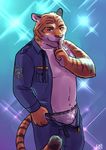  anthro brown_eyes brown_fur bulge clothing disney feline finger_to_lips fur hushing jeck looking_at_viewer mammal orange_fur police simple_background standing stripper_tiger_(zootopia) tiger underwear undressing uniform white_fur zootopia 