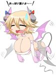  1girl aqua_eyes blonde_hair blush blush_stickers breasts cleavage collar demon_girl demon_tail demon_wings elbow_gloves fang gloves green_eyes huge_breasts imp imp_(mon-musu_quest!) mon-musu_quest! mon-musu_quest:_paradox open_mouth pointy_ears ribbon short_hair solo succubus tail thighhighs translated white_gloves wings 