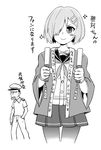  1girl admiral_(kantai_collection) blush_stickers check_translation gloves glowstick greyscale hair_ornament hair_over_one_eye hamakaze_(kantai_collection) hand_in_pocket happi highres japanese_clothes kantai_collection monochrome nozu_(thukuhuku) pantyhose skirt translation_request uniform 