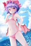  akisha bat_wings bikini bird blue_eyes blue_sky blush closed_mouth cloud cloudy_sky day flat_chest hat hat_ribbon highres looking_at_viewer mob_cap navel outdoors pink_bikini red_eyes red_ribbon remilia_scarlet ribbon short_hair sky smile solo sparkle standing swimsuit touhou water wings 