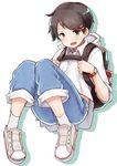  :d alternate_costume androgynous backpack bag black_hair casual green_eyes hair_ornament hairclip highres kantai_collection looking_at_viewer mogami_(kantai_collection) okitsugu open_mouth shoes short_hair simple_background smile sneakers socks solo watch white_background white_legwear wristwatch 