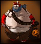  anthro barefoot belly belly_overhang big_belly canine chubby_cheeks claws clothed clothing cosplay dog fur grin halloween hi_res holding_object holidays husky male mammal midriff moobs navel neodokuro obese obese_male orange_background overweight overweight_male red_fur scarf shez simple_background smile solo teeth thick_thighs toe_claws uncharted video_games walking wide_hips 