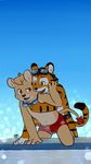  4_fingers blush brown_eyes clothing cub cute feline fur green_eyes hand_on_cheek hand_on_chest hand_on_stomach hug jeck lion mammal navel open_mouth orange_fur pool_(disambiguation) simple_background speedo swim_shorts swimming_goggles swimsuit tan_fur tiger wet white_fur young 