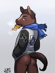  blue_eyes bottomless brown_hair butt clothed clothing equine hair hands_in_pockets horse jacket jeck looking_back male mammal scarf simple_background solo standing 